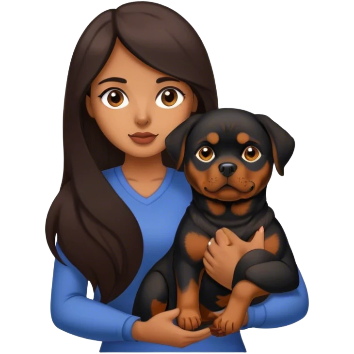 Latina with long dark brown hair holding her pet Rottweiler emoji