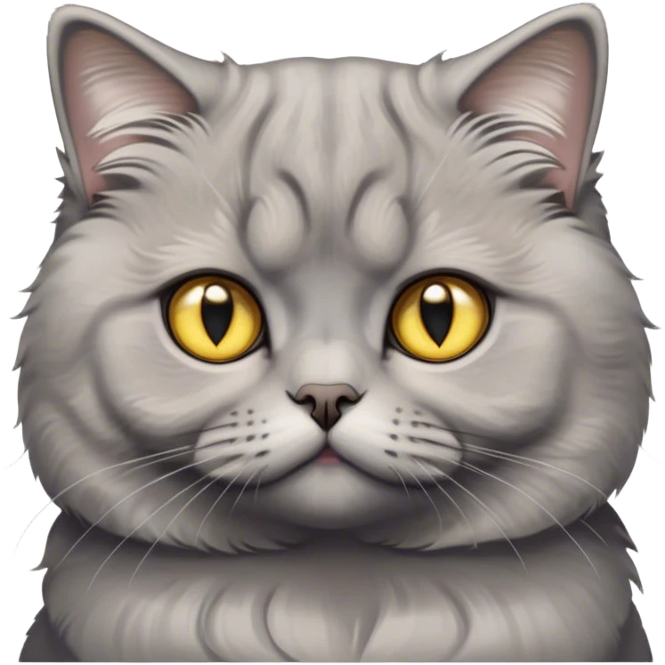 Cinematic Adorable Fluffy Grey Scottish Fold Cat Portrait Emoji, Adorable folded ears perched atop its soft, round head, head tilted cutely with big, sparkling yellow eyes, soft grey fur with darker points on the ears, face, and paws, Simplified yet irresistibly adorable features, highly detailed, glowing with a soft, warm glow, high shine, affectionate and playful, stylized with a touch of whimsy, bright and endearing, soft glowing outline, capturing the essence of a curious and loving kitten with the signature charm of a Scottish Fold's unique folded ears, so cute it feels like it could leap out of the screen and snuggle up for a cuddle! emoji