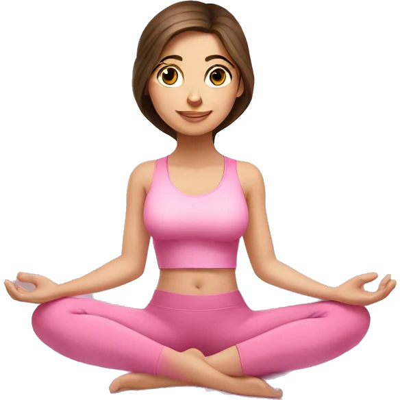 Brunette long hair and blue eyes yoga beautiful girl in light pink pink pink clothes sitting on a yoga mat emoji