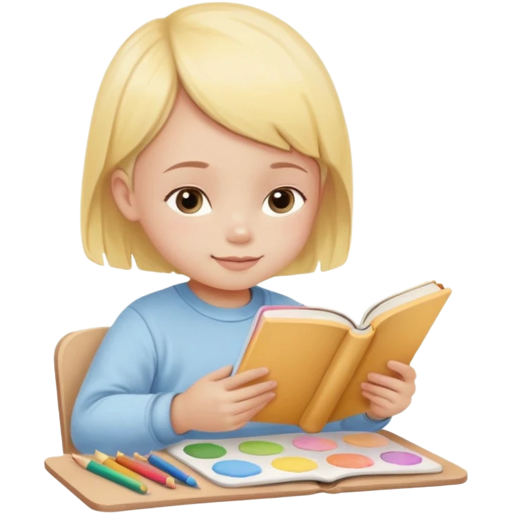 Flat illustration emoji of a small child sitting and reading a book with colored pencils or paint palette nearby, happy and peaceful expression, soft pastel colors (yellow, light blue, soft pink), rounded shapes, minimal details, child-friendly, warm and gentle style emoji