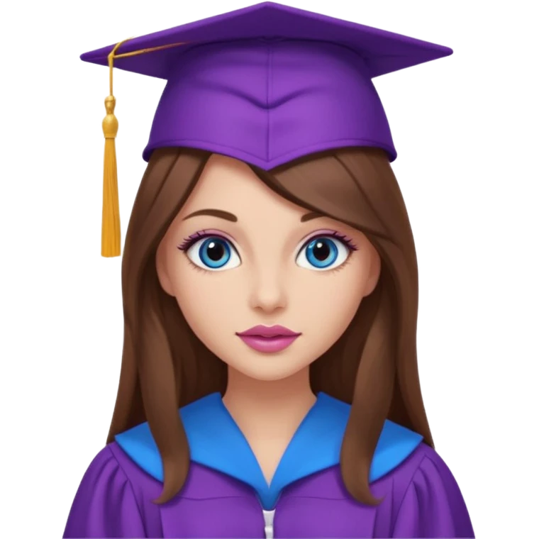 girl with gorgeous long brown hair, blue eyes, long lashes makeup, sexy pink lips, wearing a purple graduation cap and gown emoji