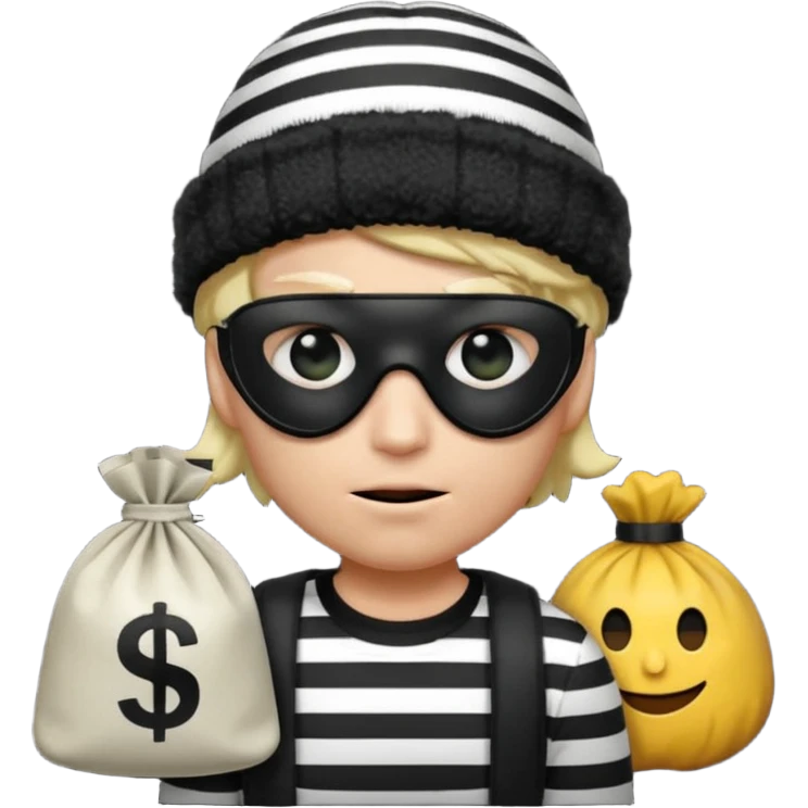 a short ios emoji-style portrait of a classic burglar, a black eye mask and a black-and-white striped shirt. emoji-like hair, black winter-like hat, a bag of money 💰 with a dollar sign in a right corner, evil expression WITHOUT a hand  emoji