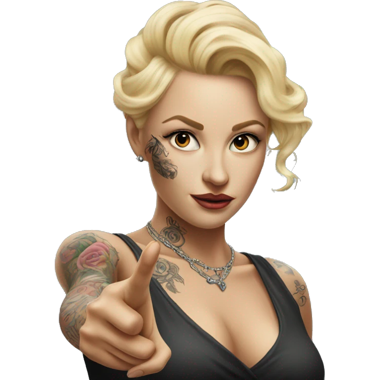 Blonde elegant women, her Body Covered with Tattoos, POINTING to YOU FORWARD with her ONE HAND , Hyper realistic emoji