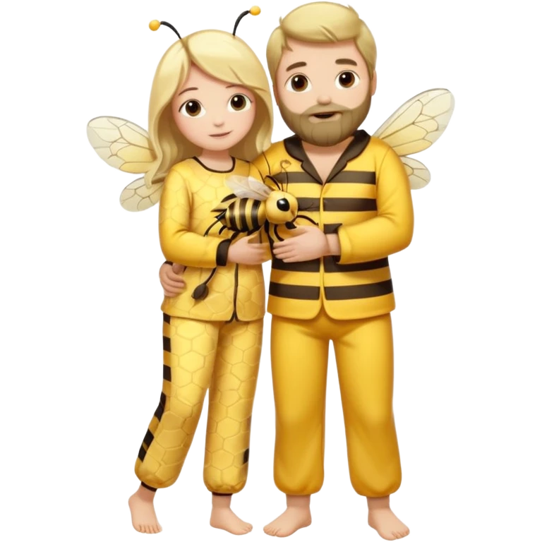  Man long dark brown hair, white skin, medium beard, full body in cute bee pijama hugging a woman with blonde hair in a flower suit  emoji