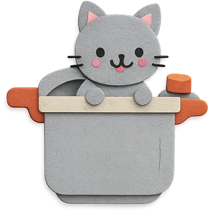 chibi pressure cooker-cat hybrid, popping out of the lid, playful expression, soft grey, full-body emoji