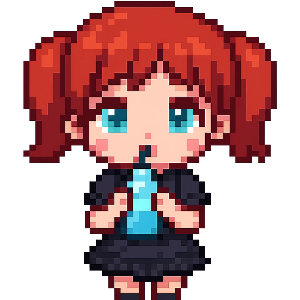 Make the character more chibi with red cherry hair instead of red curly hair, keep the goth style, and depict her drinking water. The style should be pixel art with no background. emoji