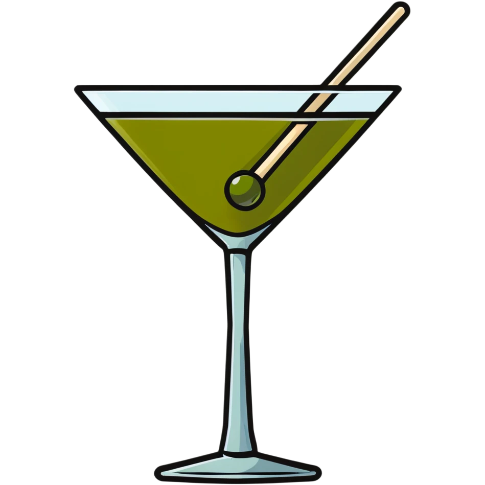 martini glass with crystal clear transparent liquid and an olive at the bottom skewered by a toothpick emoji