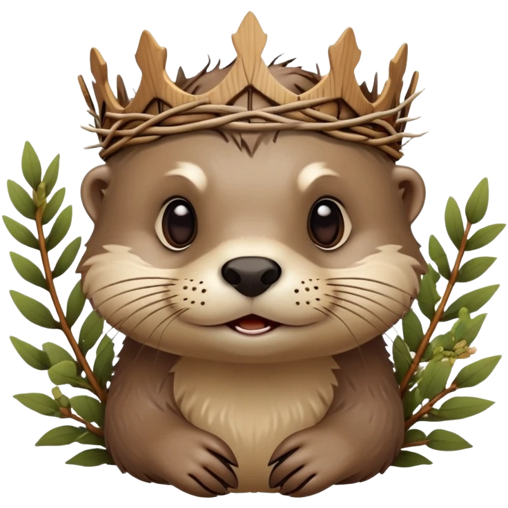 cute confused otter face with natural twisted thorny bramble branches wrapped around head, wooden Crown of thorns emoji