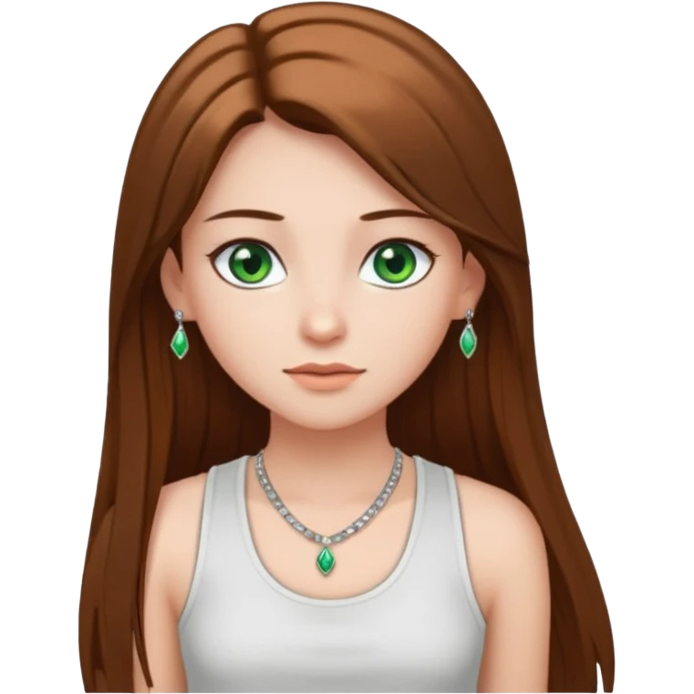 A girl with long brown straight hair, green eyes, and a white tank top; she doesn't have bangs. she wear a lot of silver jewerly  emoji