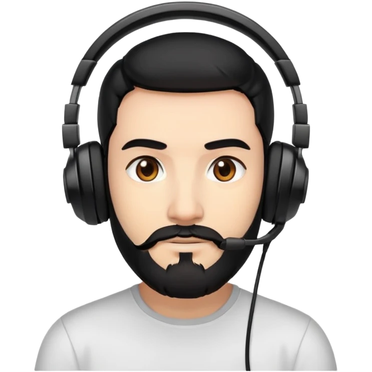 A person with black hair, brown eyes, a black beard, wearing a gaming headset emoji