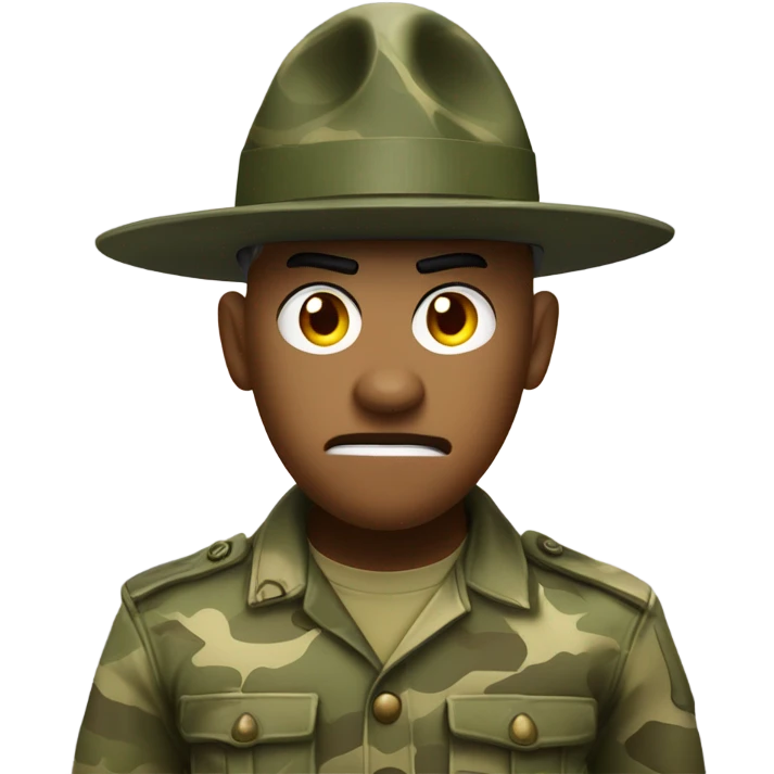 drill sergeant character wearing a classic sergeant hat and a camouflage army shirt. The character should have an angry intense expression. full torso emoji
