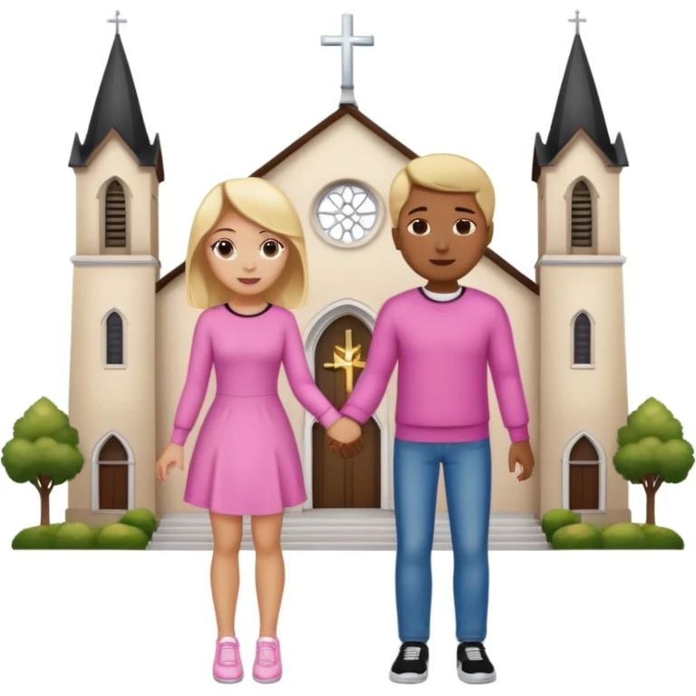 Una pareja de novios van tomados de la mano ella es rubia de ojos carmelitas piel blanca vestido rosado y tacones el muchacho es de piel morena ojos negros un pullover blanco pantalón de mezclilla y tenis blancos el fondo es una iglesia  emoji