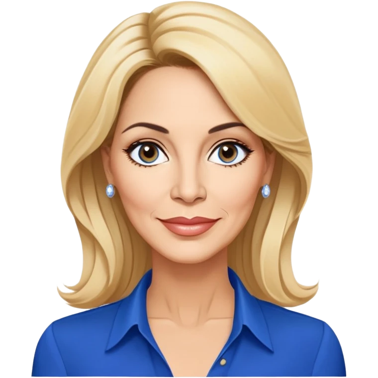 Linette Torres, 50-something Puerto Rican actress with fair complexion, beautiful mature facial features, bright expressive eyes, defined cheekbones with slight age lines, full lips with warm smile, blonde hair with sophisticated styling, wearing a stylish blue blouse emoji