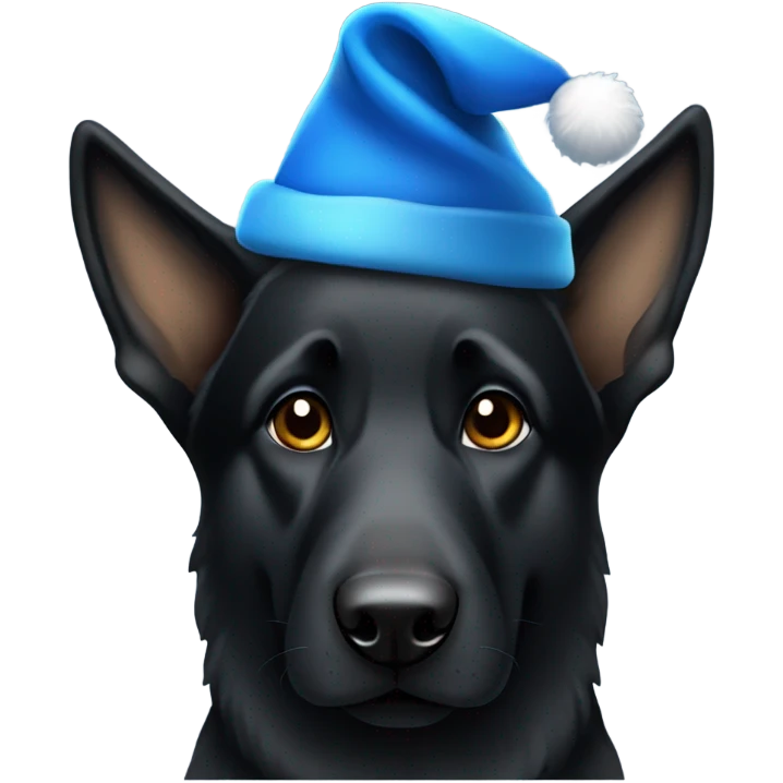 All black German shepherd with blue Santa hat emoji