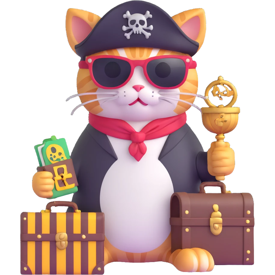 cat with sunglasses, pirate hat, and treasure chest emoji