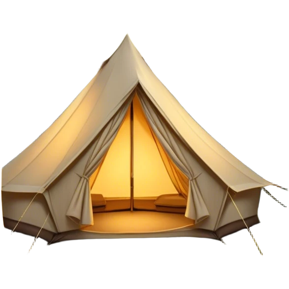 Cinematic Realistic Tent, a sturdy canvas tent nestled among tall trees, warm golden light spilling from inside, gentle folds in the fabric visible, glowing against the cool, dark forest backdrop, evoking a sense of adventure and comfort. emoji