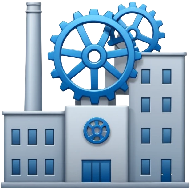 "A minimalist vector icon of a modern manufacturing factory building with a gear symbol above it. Blue and grey color scheme, flat design, white background, simple thick lines, professional business logo style." emoji