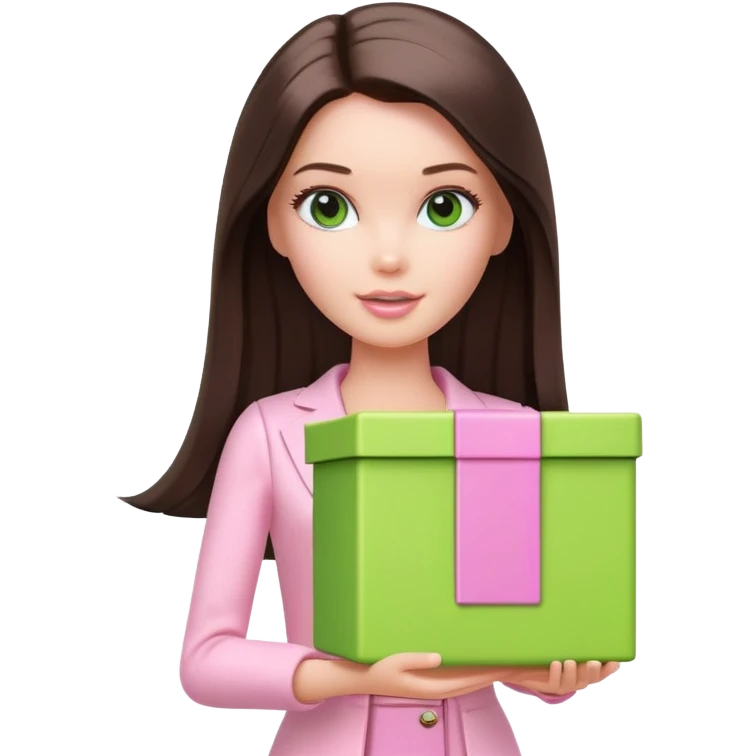 A white Barbie girl with long dark brown straight hair in pale pink clothes holds bright green box emoji