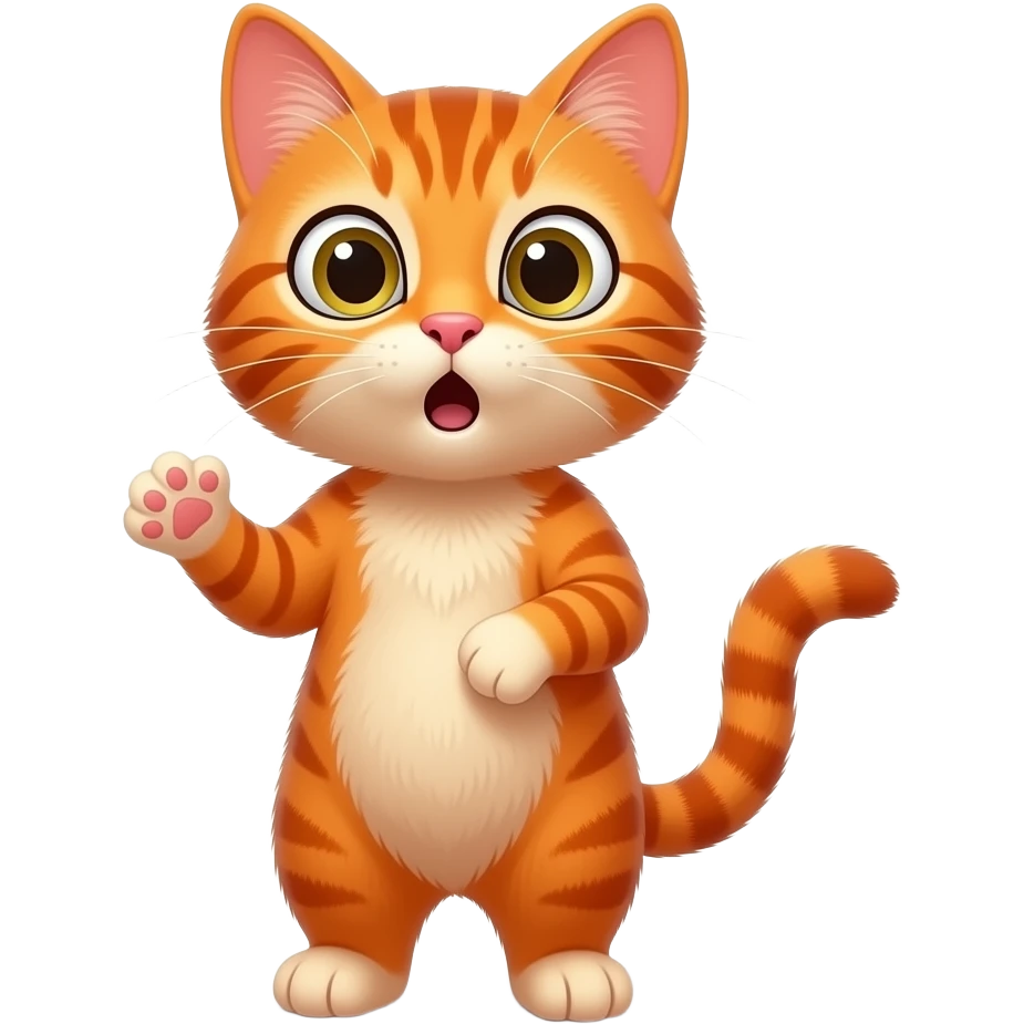 A little orange cat standing up like a little person, looking very surprised. All his body is dark orange. emoji