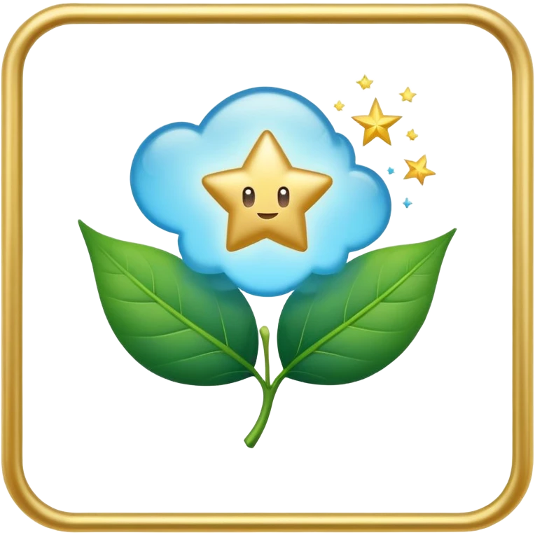 minimalist emoji style emoji of a floating thought bubble inside a rectangular frame, tiny leaf and a spark or star, minimal calming creative, soft gradients, pop of blue or gold emoji
