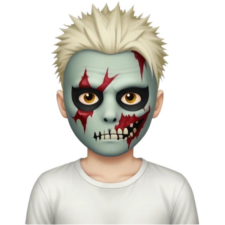 zombie boy with spiky emo hair and white shirt emoji and 

He wears an anonymous mask on half his face and has wounds on the other half. emoji