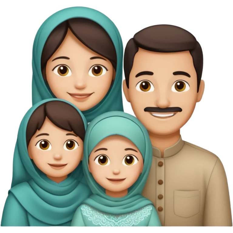 Lebaran. Keluarga terdiri dari Ayah, ibu, dua anak laki-laki dan yang paling kecil seorang anak perempuan. Tulisan : Selamat Lebaran  emoji