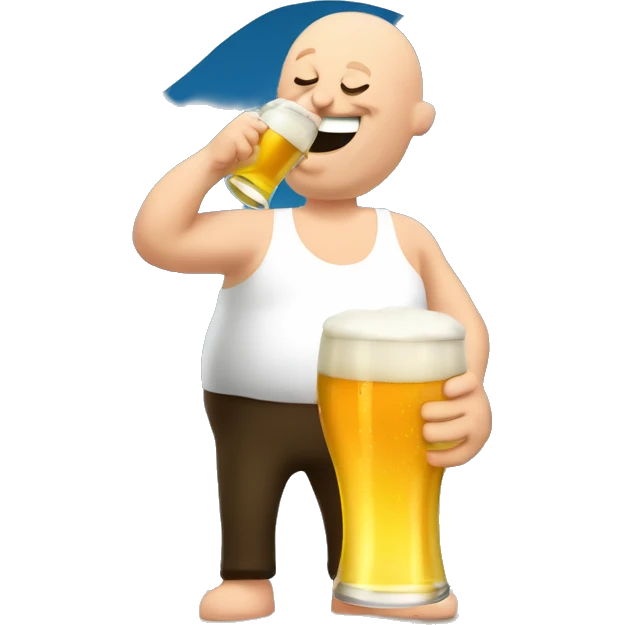 British man drinking beer in the sun, bald head, large belly emoji