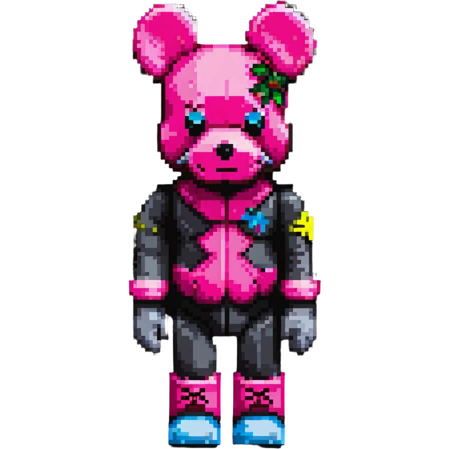 Pixel art KAWS Bearbrick figure with X eyes wearing a hot pink balaclava, blocky bear shape emoji