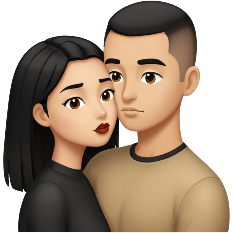 1 Tan girl with long black hair kissing same skintone man with evenly buzzcut black hair emoji