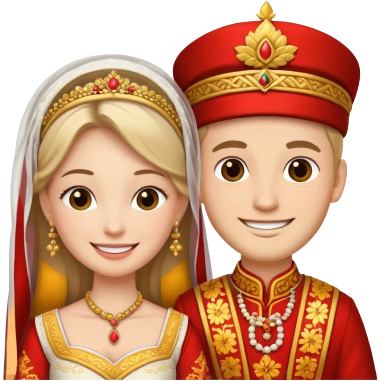 bride and groom in traditional outfit and smiling emoji