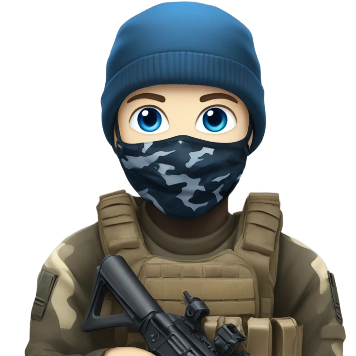 male, pale skin, call of duty face mask, camo tactical gear, combat boots, black beanie, blue eyes emoji