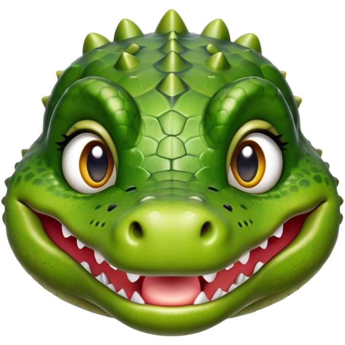 Cinematic Realistic Cute Crocodile Portrait Emoji, Head tilted playfully and inquisitively, featuring a robust, well-defined build with intricately detailed, glossy olive-green scales and a surprisingly endearing face with round, sparkling eyes full of unexpected charm, rendered with lifelike texture and natural highlights, high shine, affectionate and spirited, styled with a touch of wild whimsy, soft glowing outline, capturing the essence of a mischievous yet lovable crocodile that seems poised to snap playfully out of the screen into your arms! emoji