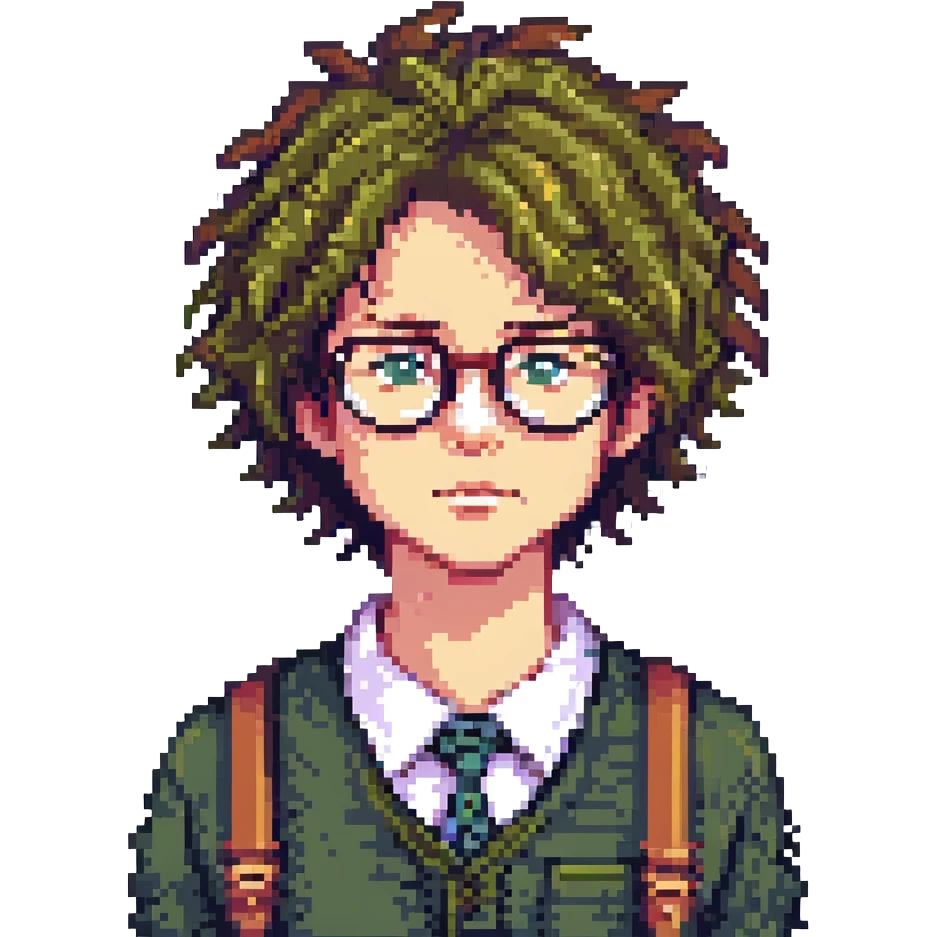 A cunning, nerdy mastermind with sharp features, messy hair, and a knowing, pervy expression, looking both smart and vicious, pixel art style. emoji