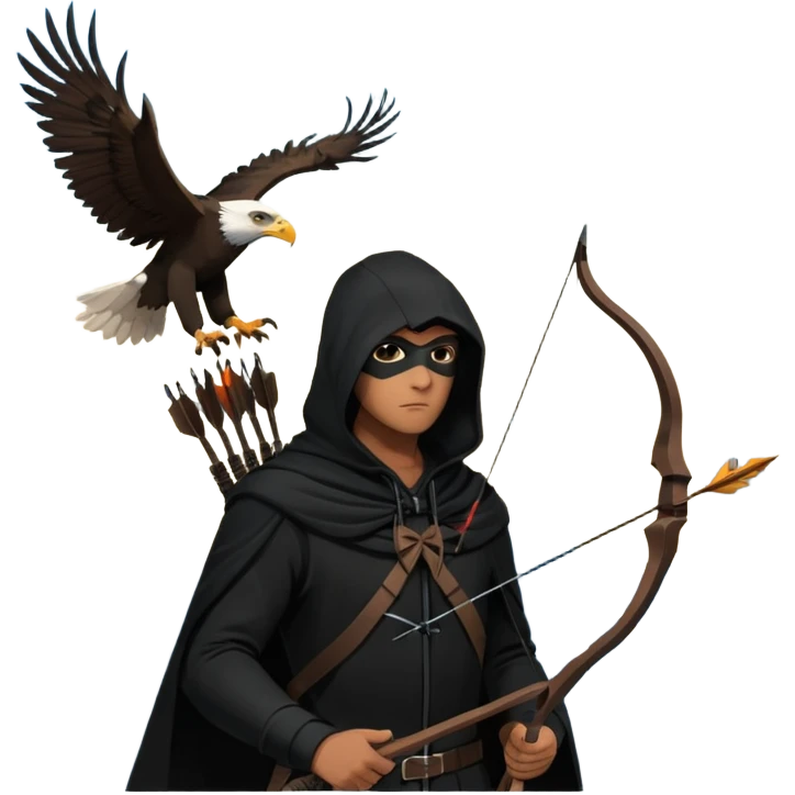 hooded man in a tall buliding a silloute shot, bow and arrows in hand. in the sky a big eagle is flying in modern time emoji