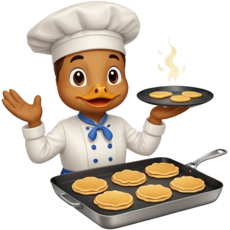 A chef duck wearing a tiny apron, flipping pancakes on a pan emoji