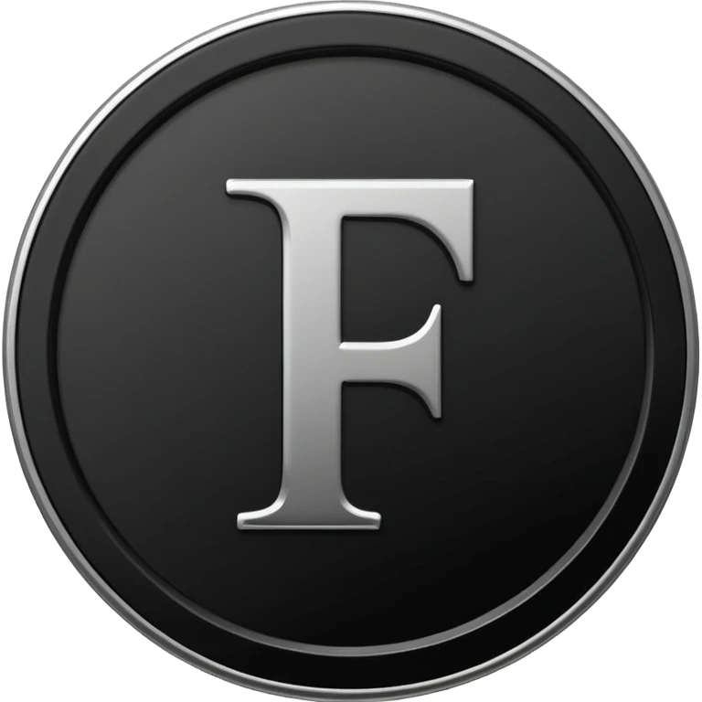Emoji icon of a black coin with engraved letter F, minimalist style, isolated, no color emoji