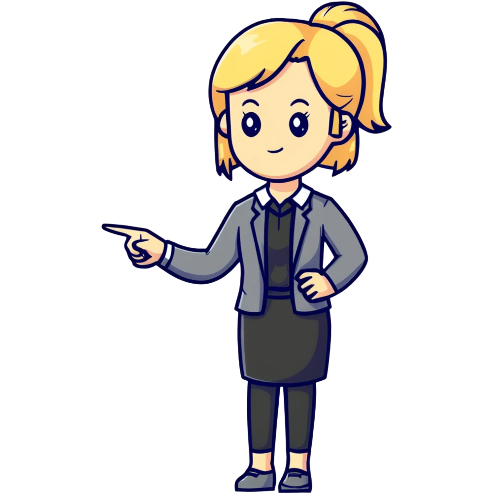 angry blonde female teacher full body without glasses, pointing finger emoji