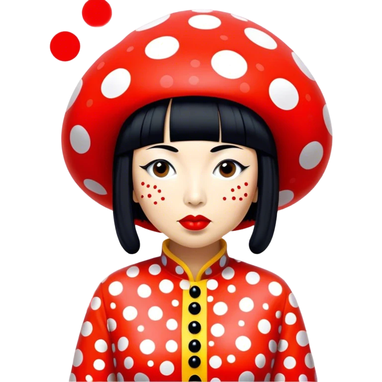 Yayoi Kusama – Cinematic Realistic Portrait of old Japanese artist Yayoi Kusama, depicted as an avant-garde artist with an eccentric, captivating expression surrounded by her iconic polka dot patterns, rendered with vivid textures and imaginative lighting that evokes her unique, surreal creative world. emoji