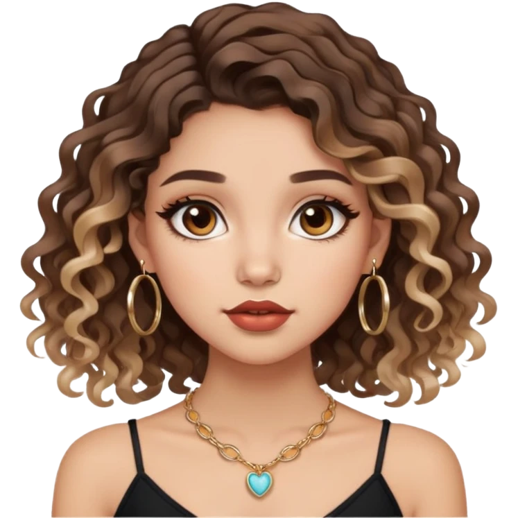 cute girl with not volominous curly/wavy balayage hair brown eyes full lips cute makeup cute necklace and hoop earrings emoji