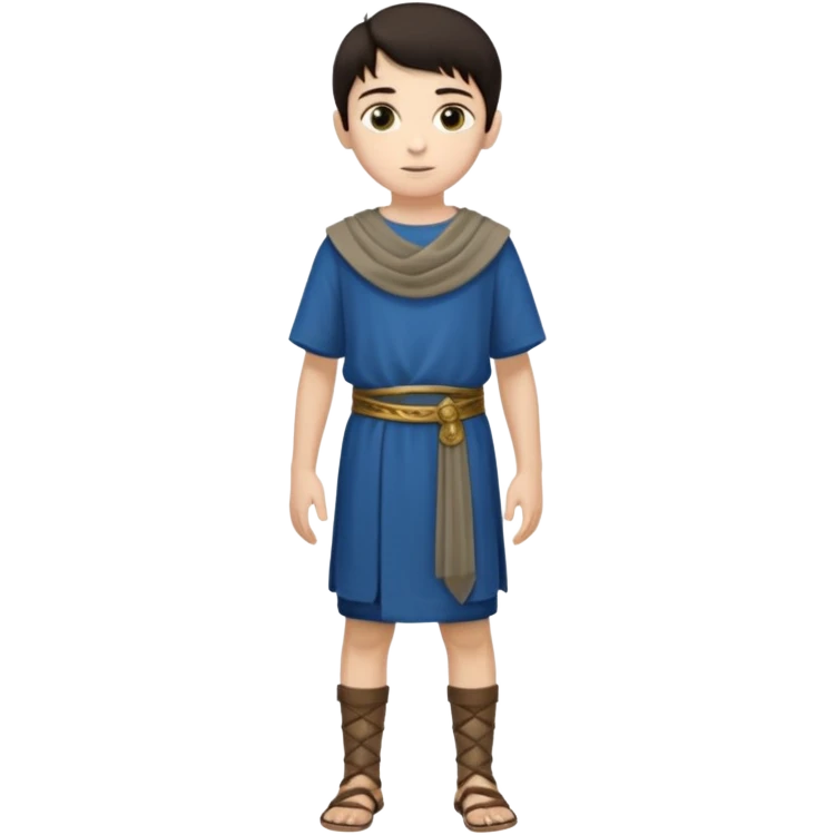 Niño: niño entre ⅞ años y 10/14 años, delgado, blanco de piel, moreno, ojos ni muy claros ni muy oscuros, bueno y simpático. cuerpo entero, época púnica emoji