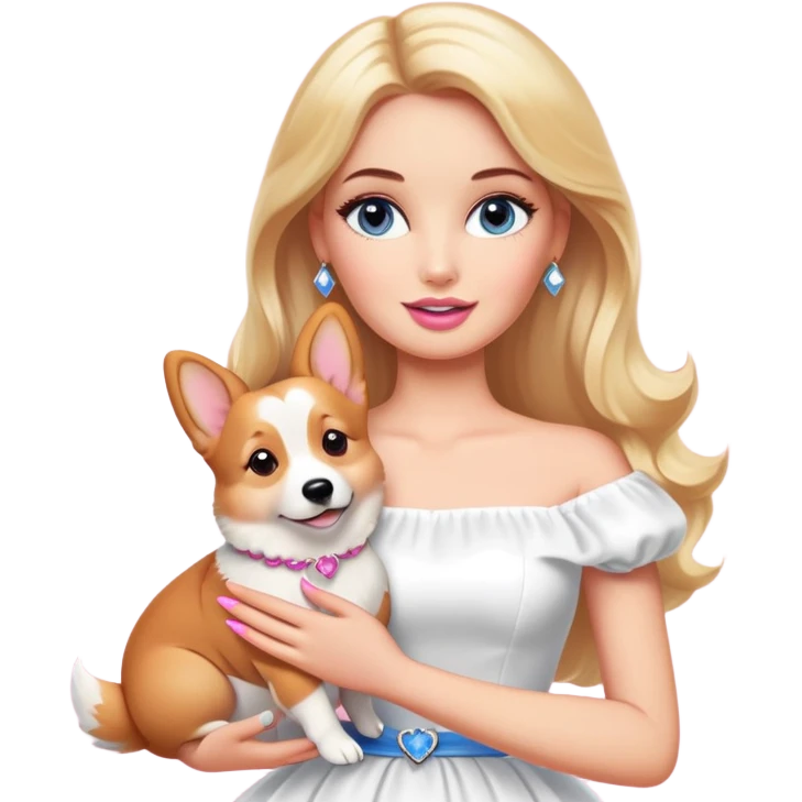 穿白色衣服的白金色长发化妆的欧美芭比女孩抱着柯基 emoji