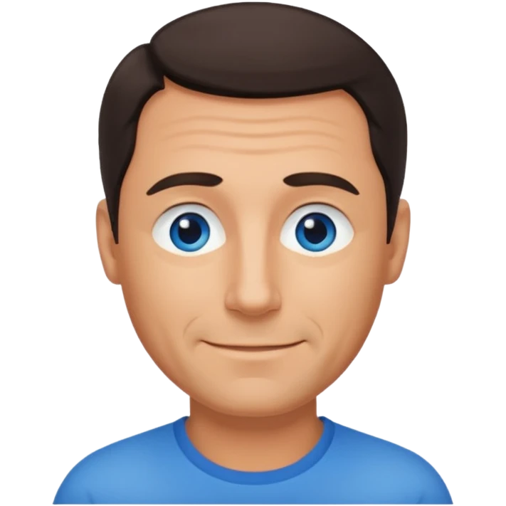Middle aged man with tanned skin, receding dark hair and no beard, blue eyes, shy smile emoji