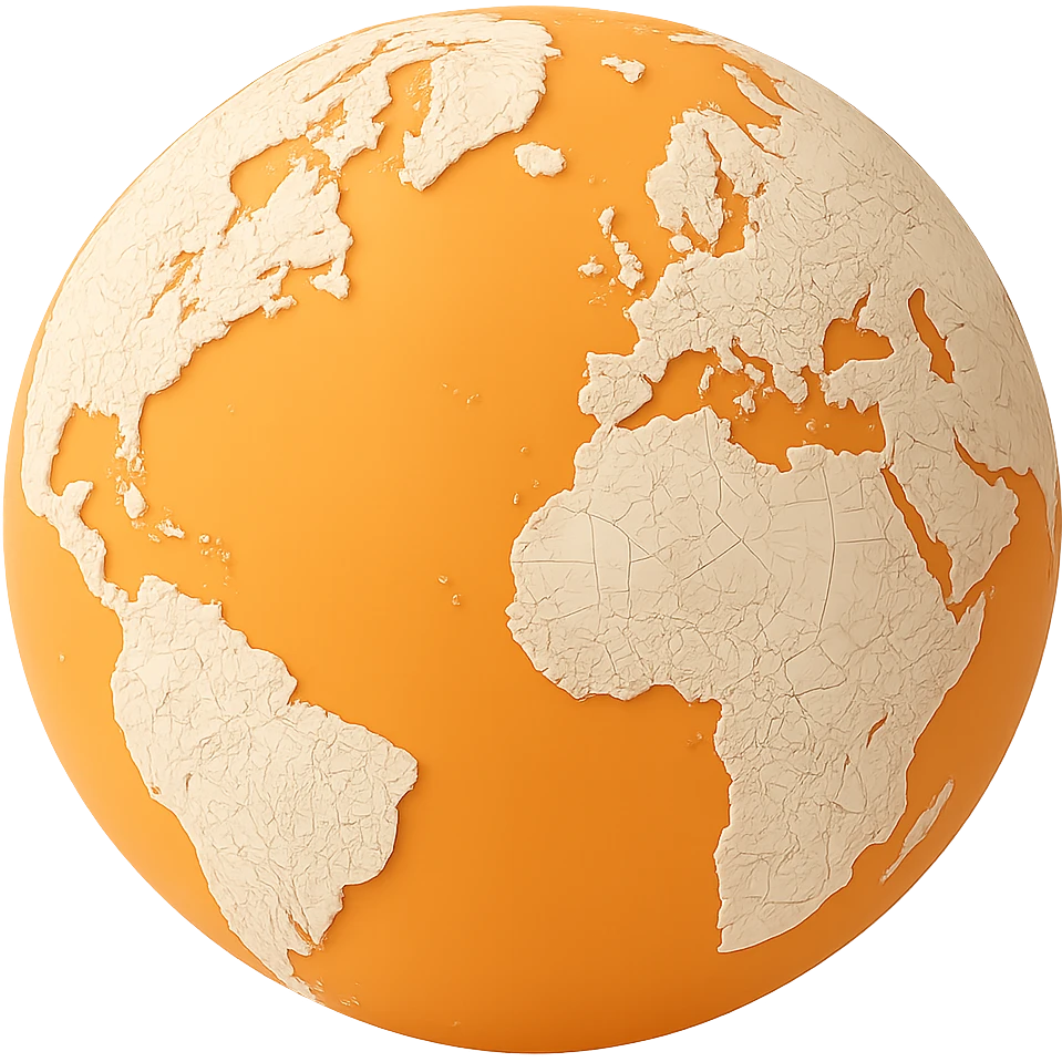 Add detailed map outlines to the white land areas on this 3D orange globe icon, keeping the modern 3D orange style, with no background. emoji