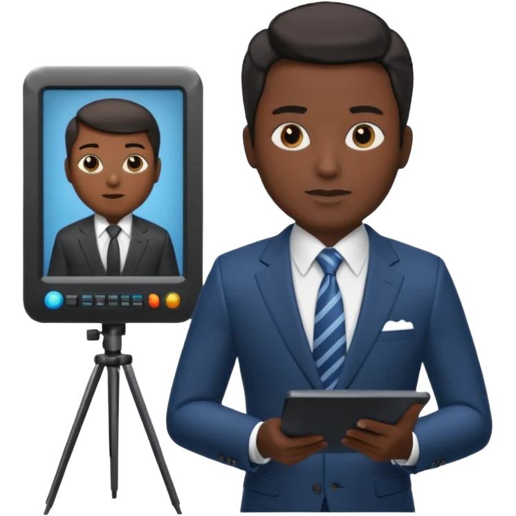 news anchor black skin man, with a screen with a prompter in front of her emoji