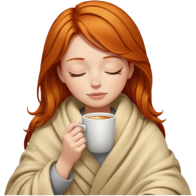 girl with ginger hair inside a blanket sipping coffee eyes closed emoji