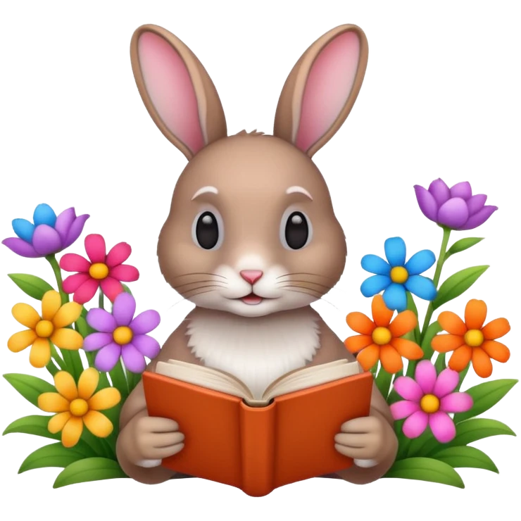 rabbit reading book + flowers  emoji