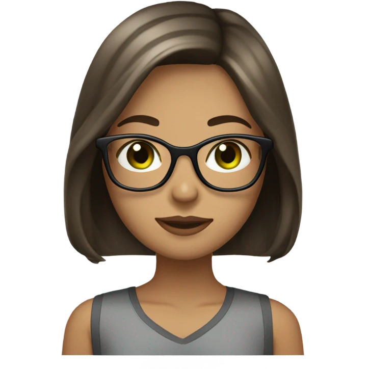 Girl with Longbob dark Brown Hair and highlights in front of the hair and she wears glasses and has green eyes emoji