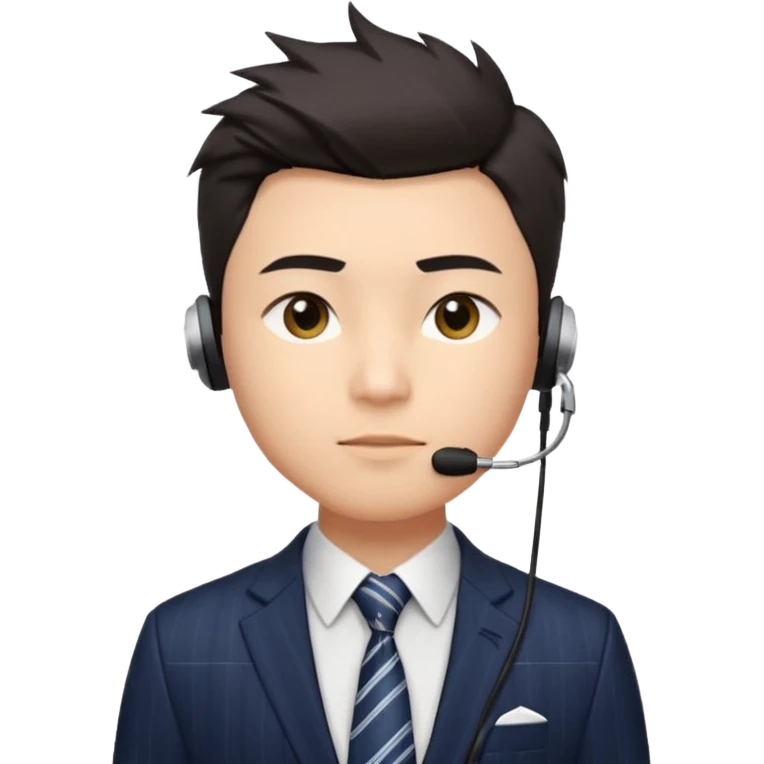 A young Asian man with light skin, short dark hair styled upward with a sharp spiked swoop in front, slightly narrowed almond-shaped eyes with a confident, knowing squint, a clean-shaven face, and a sleek single-ear headset, wearing a dark pinstripe suit with a patterned shirt tie emoji