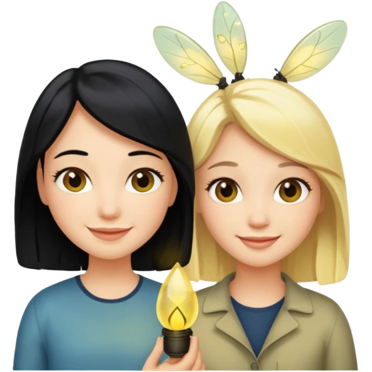 Dos mejores amigas, una rubia y la otra de pelo negro con una luciérnaga emoji