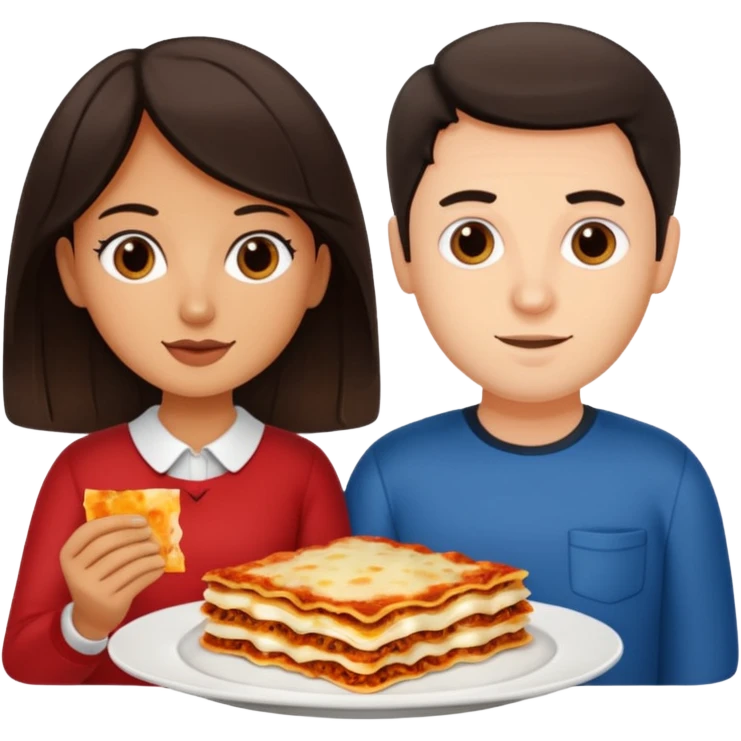 tan girl with dark hair and white guy with dark hair sharing a plate of lasagna emoji